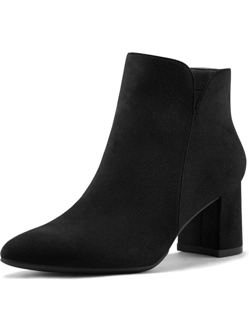 Women's Black Suede Ankle Boots Chunky Block Heel Pointed Toe Booties Side Zip